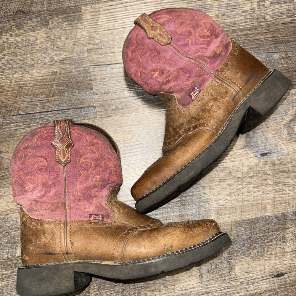 Justin Gypsy Womens Western Boots‎ Brown Leather Pink Suede Square Toe L9964 7B